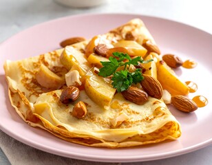 Delicious folded pancake topped with caramelized fruits, nuts, and syrup