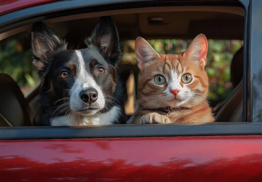 Alert black and white dog and orange tabby cat sitting side by side looking out of a red car window with attentive expressions