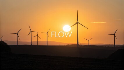 Obraz premium Wind Turbines Silhouette Against Vibrant Sunset Sky with Flow Text