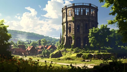 A weathered stone tower sits amidst a lush landscape and village