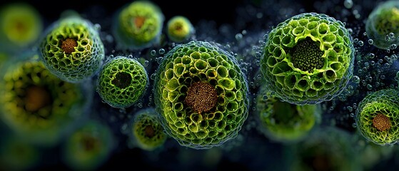 Vibrant green cells with intricate structures float in a dark, bubbly medium.