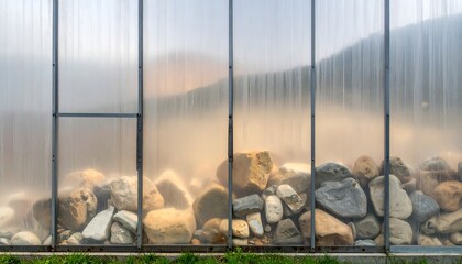 Greenhouse exterior with rocks and mountains visible through panels