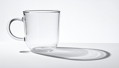 Clear glass mug on a white surface, casting a long shadow