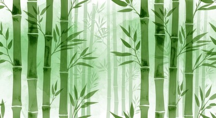 Naklejka premium Watercolor-style green bamboo stalks and leaves creating a layered forest pattern