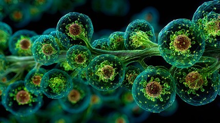 Microscopic view of cellular structures and biological formations.