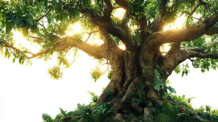 Large old thick tree with sprawling branches and green leaves illuminated by bright sunlight from behind, surrounded by lush green ferns and plants at its base