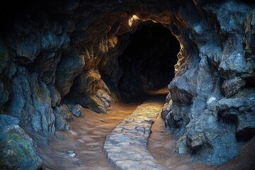 Narrow rocky cave tunnel with uneven stone pathway leading into darkness and faint natural light at the entrance