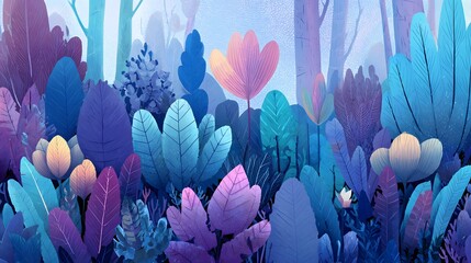 Vibrant, stylized foliage fills the foreground of a hazy, ethereal woodland scene