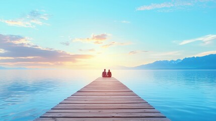 Relaxation Couple watching the sunset from a peaceful lakeside dock.