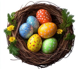 Colorfully decorated Easter eggs with various floral and polka dot patterns arranged in a natural bird nest adorned with green leaves and yellow flowers