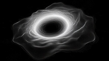 Abstract digital visualization of a glowing white vortex or black hole with wavy luminous lines and particle dots on a black background, evoking a sense of depth and mystery