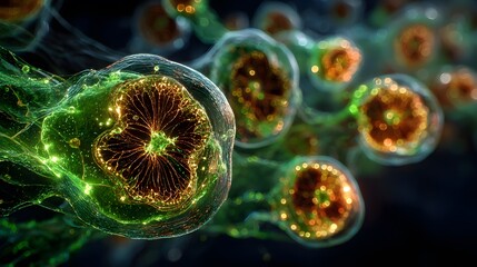 Glowing cellular structures with intricate internal patterns against a dark background.