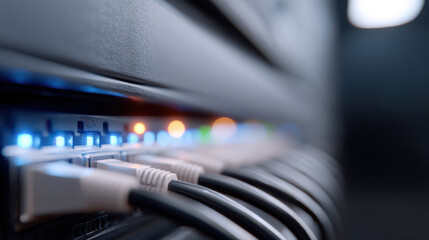 Network cables connected inside data center equipment with glowing indicator lights showing activity