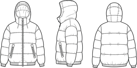 Puffer jacket technical sketch, hooded quilted coat with zipper and pockets, flat vector CAD fashion illustration template, multi-view