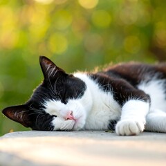Sleeping feline with black and white fur enjoys a sunlit nap