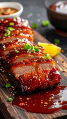 Sliced cooked meat glazed with a shiny sauce, presented on wooden board