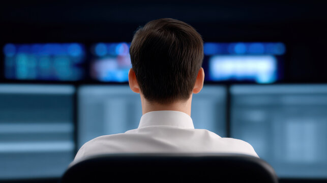 Man inside data center working on multiple computer screens with focused concentration in dark room environment