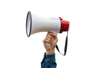 Hand holding red and white megaphone announcing loudly with clear communication message isolated on transparent background