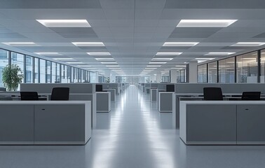 Fototapeta premium Spacious modern office interior with rows of empty cubicles, large windows letting in natural light, clean white floors and ceiling panels, and minimalistic design