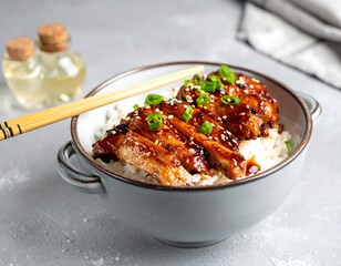 Teriyaki chicken with rice, garnished with sesame seeds, and scallions