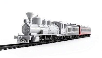 Elegant, gray steam train with red passenger cars on tracks