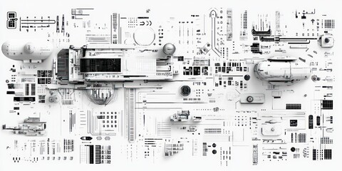 abstract black and white circuit board layout with geometric and mechanical elements creating a complex technological pattern
