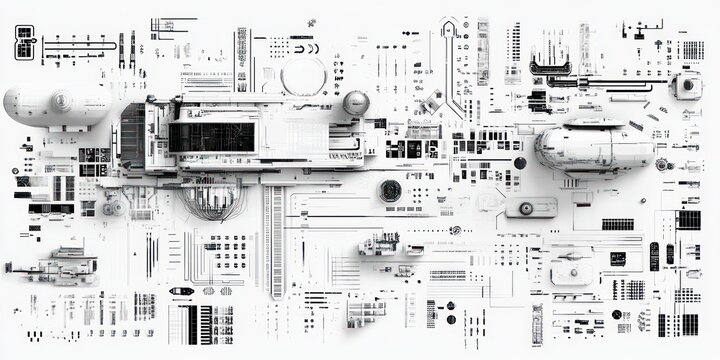 abstract black and white circuit board layout with geometric and mechanical elements creating a complex technological pattern