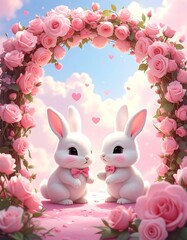 Two adorable white bunnies gaze at each other under a rose arch