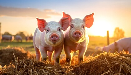 Two pink piglets posing in a field during a golden sunset