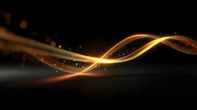 Bright golden light trails flow across a dark background with scattered luminous particles - Powered by Adobe