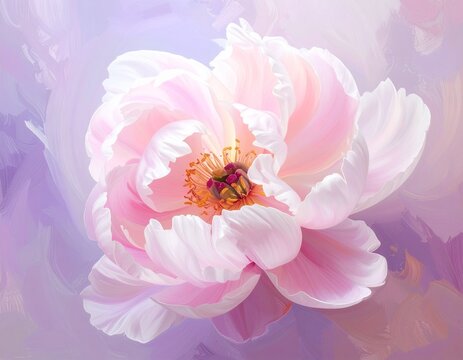 Soft, romantic digital painting of a pink peony flower against a brushstroke purple background. Detailed bloom, lush petals, and watercolor effect for design