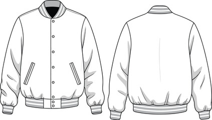 White varsity jacket technical sketch, striped ribbed collar cuffs hem, button-up front view, flat vector CAD fashion illustration template