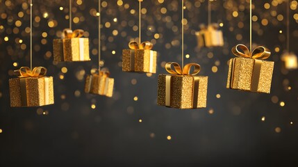 Multiple glittering golden gift boxes hang suspended against a dark, sparkling background