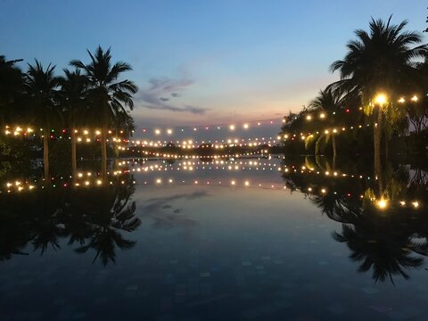 Twilight sky with poolside riverfront 