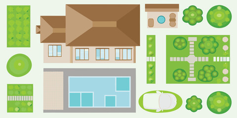 Top down view of a house with a swimming pool garden and car