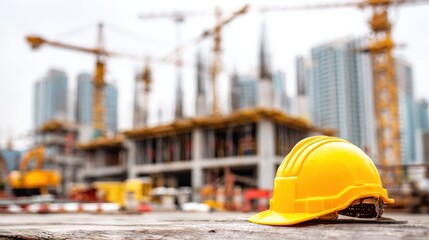 A yellow hard hat on a wooden surface with a construction site in the background.