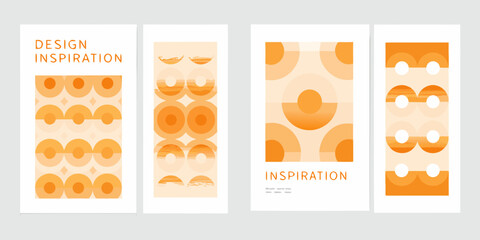 Set of four abstract graphic design posters featuring orange circular and semi circular shapes with text