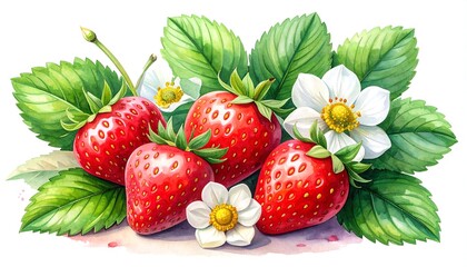 Watercolor illustration of ripe strawberries, green leaves, and white flowers