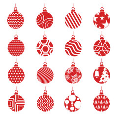 A festive collection of red Christmas ornaments featuring elegant patterns such as stars, stripes, snowflakes, and abstract designs. Christmas Elements Vector Illustration