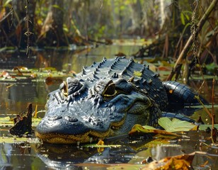 American alligator in natural habitat, close-up, wildlife in swamp waters, dangerous predator