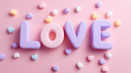 The word 'LOVE' spelled out in large, colorful letters on a pink background with scattered heart-shaped candies.