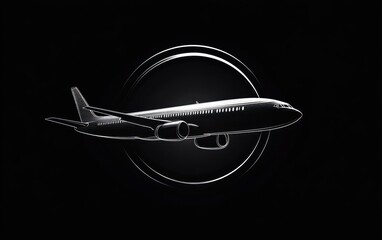 Detailed white line drawing of a modern commercial airplane flying with stylized circular rings in the background on a black backdrop
