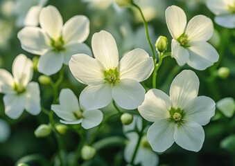 Obraz premium Close-up of delicate white flowers with soft petals and green centers surrounded by buds and blurred foliage in natural light