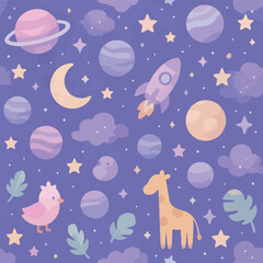 Children's Space Pattern Vector Illustration with Cartoon Rocket Moon Giraffe and Bird in Pastel Colors Modern Style