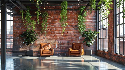 Industrial lounge interior with brown leather armchairs against a red brick wall. Hanging plants and string lights. For urban, rustic decor, or biophilic design background.