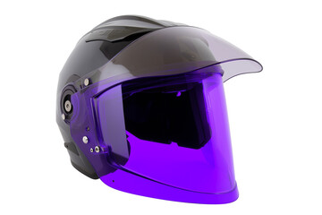 Explore the sleek black motorcycle helmet with vibrant purple visor shield on transparent background