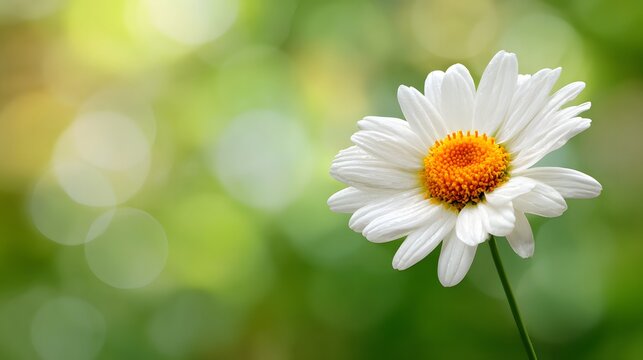 Single white blossom stands prominently against a vibrant green background with soft light circles - Powered by Adobe
