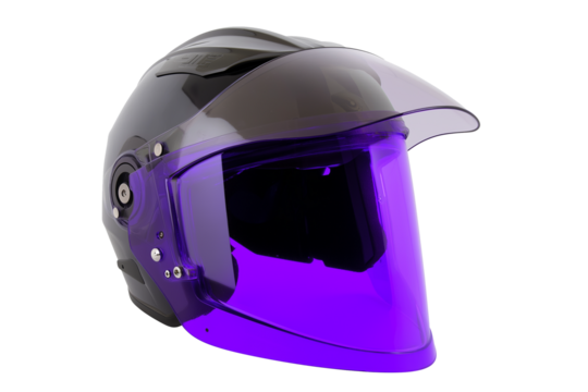 Explore the sleek black motorcycle helmet with vibrant purple visor shield on transparent background