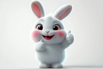 Fototapeta premium cute fluffy white rabbit with big eyes smiling happily and giving thumbs up gesture