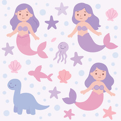 Pattern Vector Illustration with Mermaid Characters and Sea Elements in Pastel Colors in Modern Organic Style